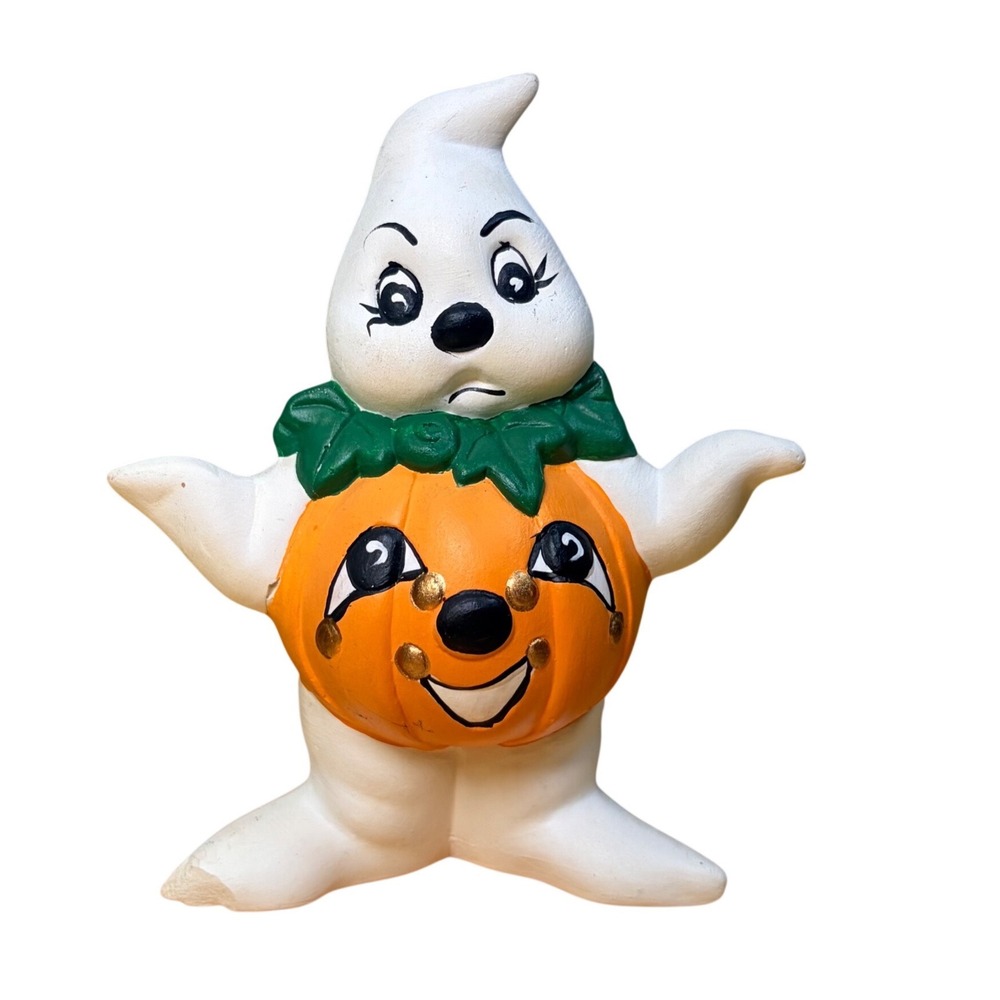 Vtg Ceramic Ghost Holding Pumpkin Figurine Halloween Jack O Lantern Sad Face